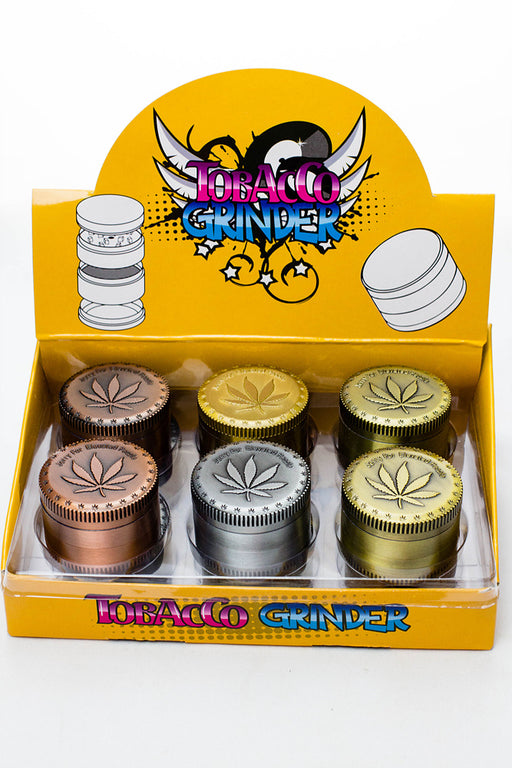 4 parts embossed leaf metal grinder display (12 pcs / display) Herb Grinder ONE