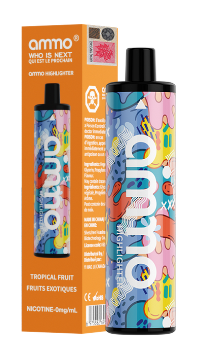Ammo Highlighter Zero Nicotine Disposable Vape 5000 puffs Box of 10 Federal Excise Tax AMMO VAPE Tropical Fruit