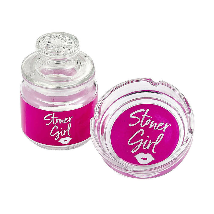 ASHTRAY AND STASH JAR SET - PINK STONER GIRL DESIGN