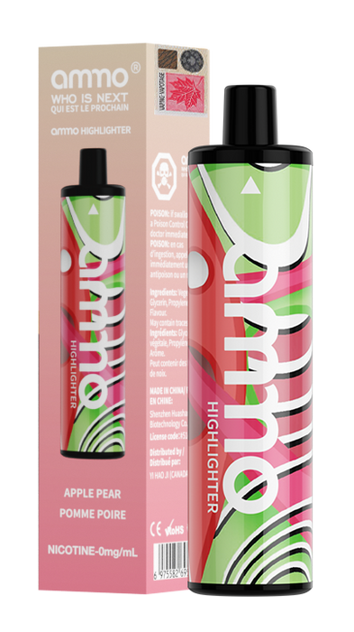 Ammo Highlighter Zero Nicotine Disposable Vape 5000 puffs Box of 10 Federal Excise Tax AMMO VAPE Apple Pear