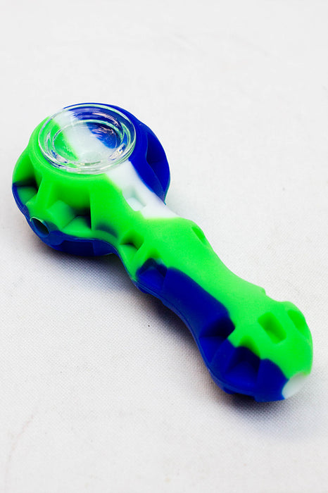 Silicone hand pipe with glass bowl, Jar and Dab tool-GR-BL - One Wholesale