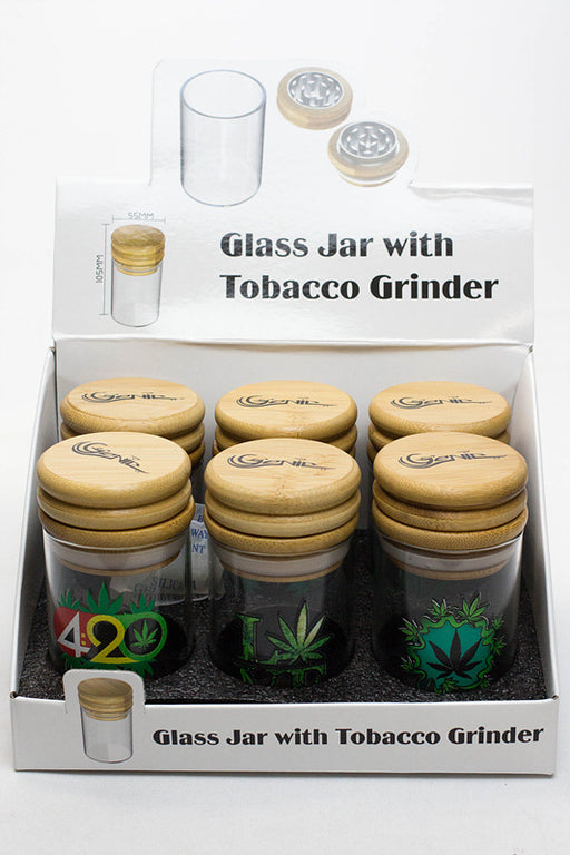 6 Glass stash 3 oz. Jars with wooden grinder display Storage ONE