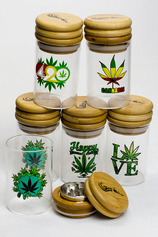 6 Glass stash 3 oz. Jars with wooden grinder display Storage ONE