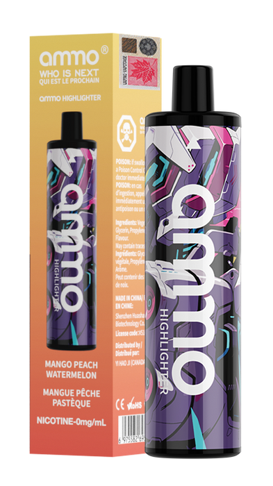 Ammo Highlighter Zero Nicotine Disposable Vape 5000 puffs Box of 10 Federal Excise Tax AMMO VAPE Mango Peach Watermelon