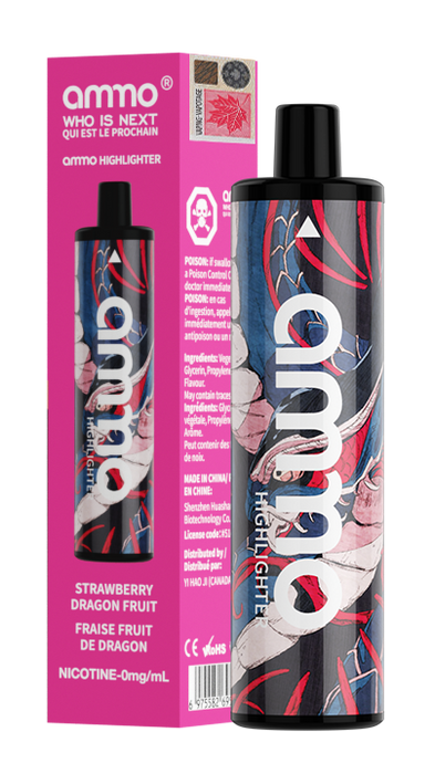 Ammo Highlighter Zero Nicotine Disposable Vape 5000 puffs Box of 10 Federal Excise Tax AMMO VAPE Strawberry Dragon Fruit