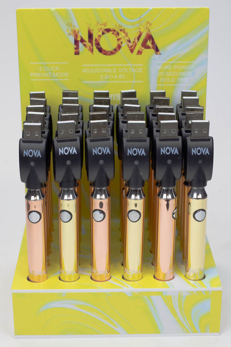 900 mAh Nova Twist Control Vape Battery with USB charger Display of 30 One Wholesale 900 mAh Nova Twist Control Vape Battery with USB charger Display of 30 One Wholesale