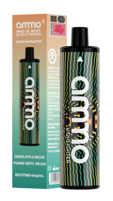 Ammo Highlighter Zero Nicotine Disposable Vape 5000 puffs Box of 10 Federal Excise Tax AMMO VAPE Green Apple Melon