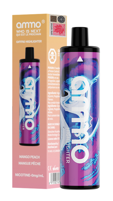 Ammo Highlighter Zero Nicotine Disposable Vape 5000 puffs Box of 10 Federal Excise Tax AMMO VAPE Mango Peach