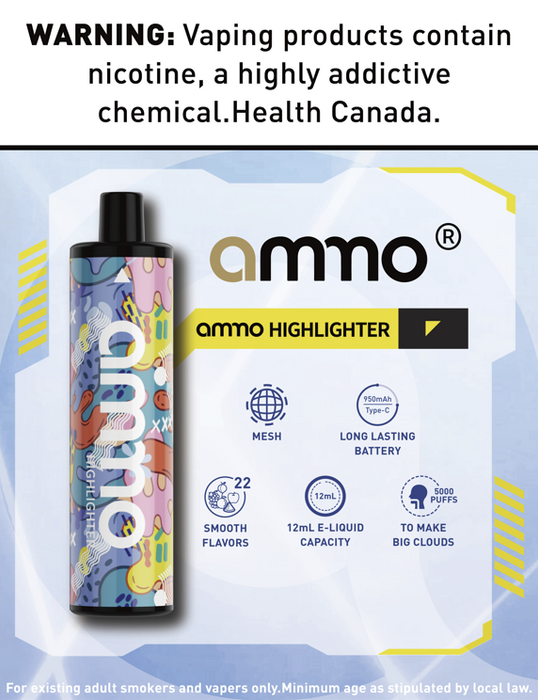 Ammo Highlighter Zero Nicotine Disposable Vape 5000 puffs Box of 10 Federal Excise Tax AMMO VAPE