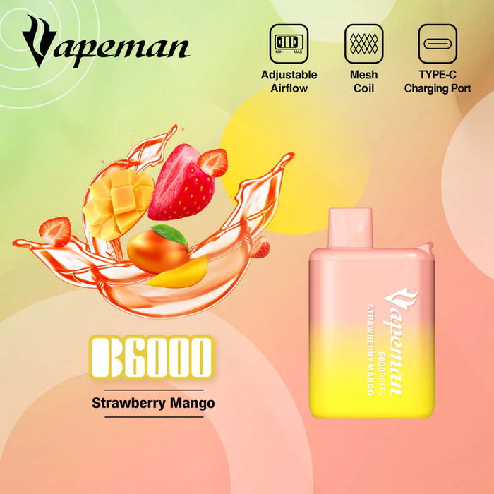 Vapeman 6000 Puffs Rechargable Vape - B6000 Federal Excise Tax StoneSmiths Strawberry Mango