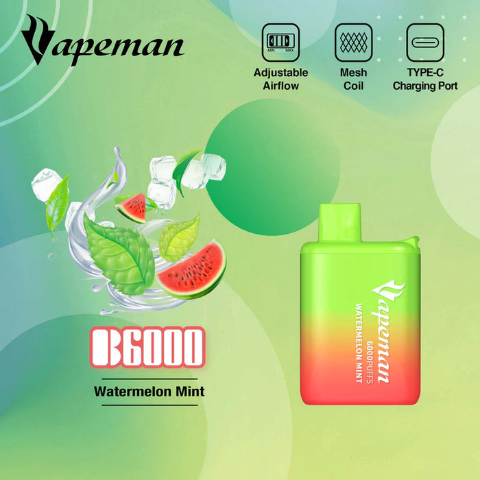 Vapeman 6000 Puffs Rechargable Vape - B6000 Federal Excise Tax StoneSmiths Watermelon Mint