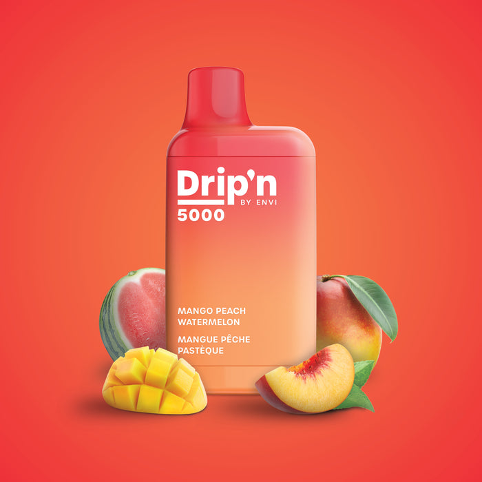 Drip'n BAR 5000 Puff Disposable Vape Box of 6 by ENVI Federal Excise Tax ONE Mango Peach Watermelon
