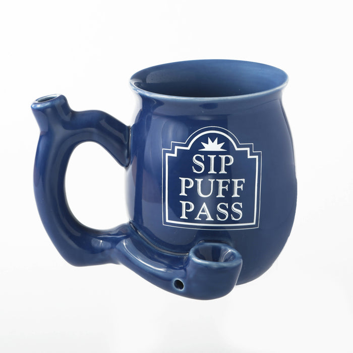 ROAST & TOAST "SIP PUFF PASS" PIPE MUG - SHINY BLUE WITH WHITE PRINT