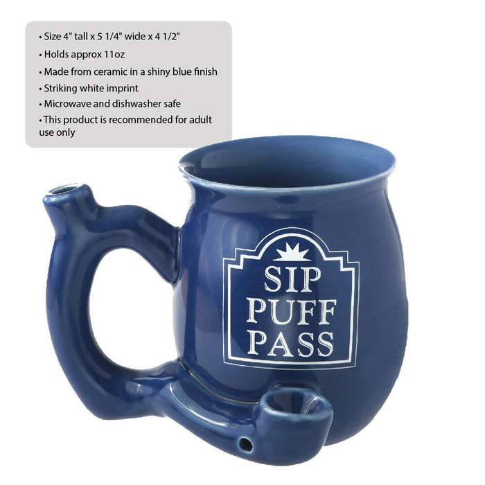 ROAST & TOAST "SIP PUFF PASS" PIPE MUG - SHINY BLUE WITH WHITE PRINT