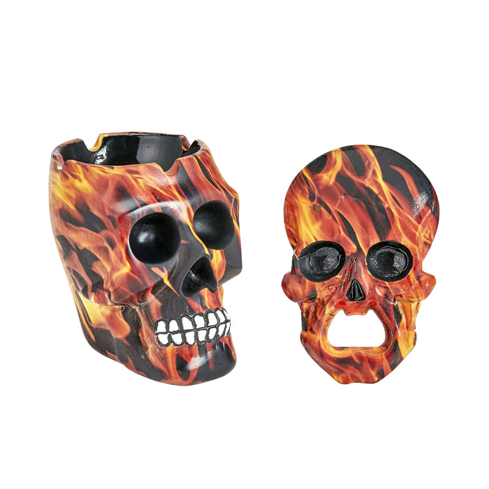 SKULL ASHTRAY AND OPENER SET - FLAME DESIGN