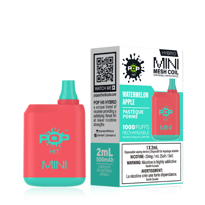 Pop Box Mini 1000 Disposable Vape Device Box of 10 Federal Excise Tax ONE Watermelon Apple