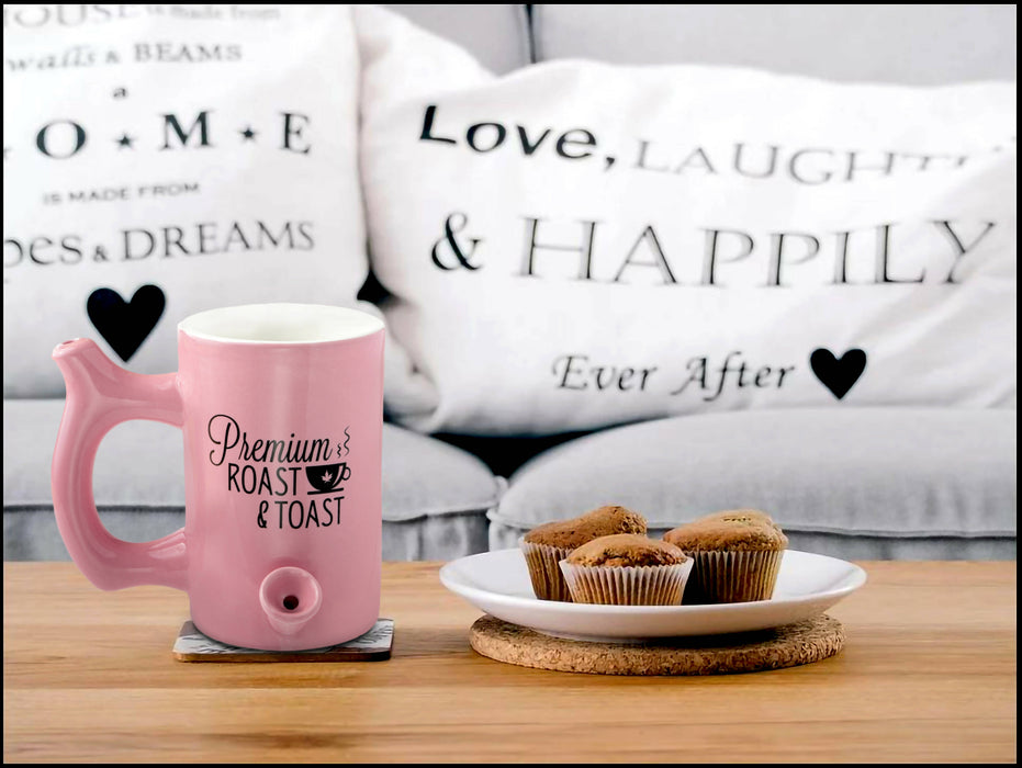 PINK ROAST & TOAST PIPE MUG WITH BLACK PRINT