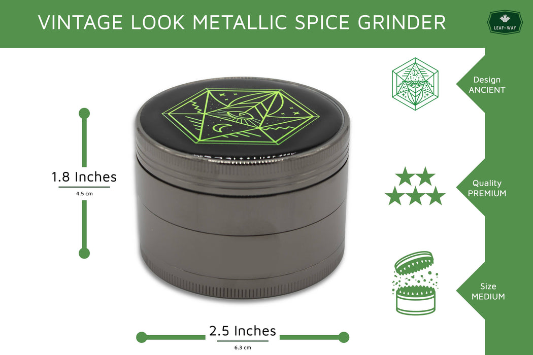 6.3 cm (2.5 inch) Spice Grinder, 4 Part, Vintage, Ancient Symbol Design, Magnetic Lid, Durable Zinc Alloy, Pollen Catcher - Leaf-Way Brand Accessories- - One Wholesale